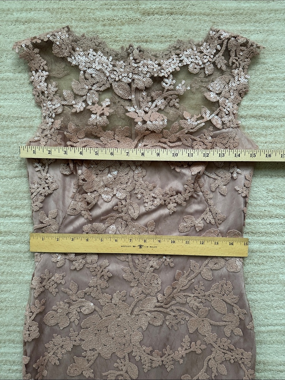 Tadashi Shoji Blush Pink Sequin Floral Lace Midi Dress Cocktail Wedding Size 4 - Picture 13 of 17